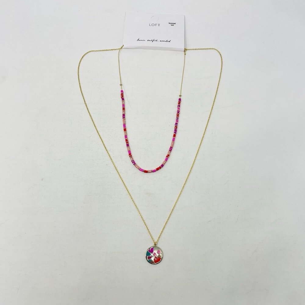 Ann‎ Taylor LOFT  Glitzy Layered Necklace with Heart Pendant Red/Pink Valentines